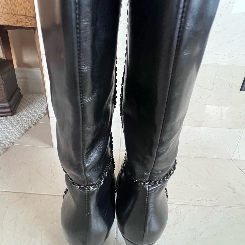 Chanel Black Leather Knee-High Boots with Chain Detail - Picture 11 of 16
